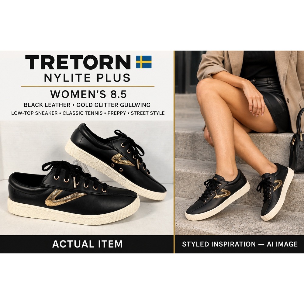 Tretorn Nylite Plus Leather Sneakers Women's Black Gold Glitter Gullwing 8.5